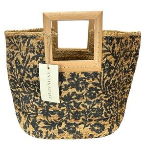 Antik Kraft Navy Floral Woven Jute Tote Bag Wooden Square Handles Natural Fiber